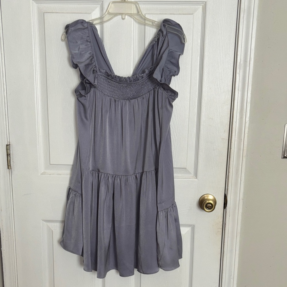 Umgee Ruffled Sleeveless Silky Tiered Dress in Bluish Gray Small